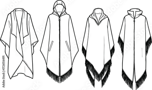 Set of four stylish poncho cape styles technical flat sketch vector illustration bundle for outerwear design including shawl collar, hooded zip, and fringed hem \