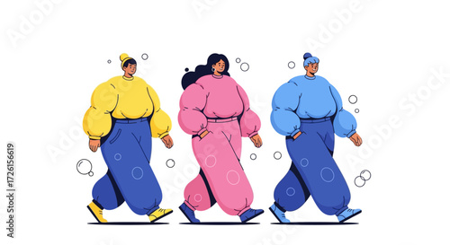 Three Stylized Figures Walking in Colorful, Oversized Clothing
