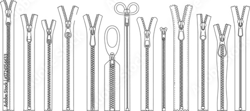 Extensive set of various zippers technical flat sketch vector illustration drawing design pattern bundle 