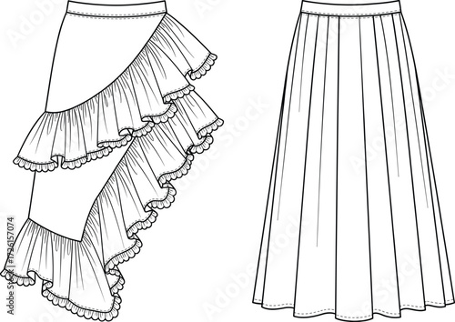 tWomen's stylish skirt set technical fashion flat sketch vector illustration drawing design pattern bundle with a short ruffled handkerchief hem skirt and a long 