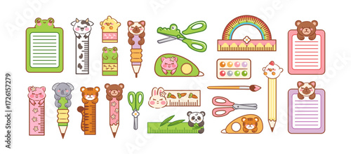A kawaii stationery set featuring adorable animal designs, correction pen, ruler, scissors, pen, pencil, protractor, eraser, brush, and paints in bright, playful colors.