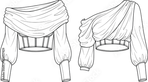 PrintWomen's stylish cropped off-the-shoulder corset top technical flat sketch vector illustration drawing design pattern with dramatic asymmetrical drape, 
