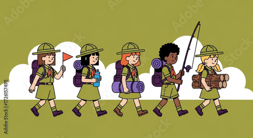 World Scout Day Diverse group of young girl campers hiking in a line with backpacks and equipment for a wilderness adventure