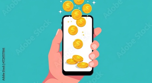 Hand holding a smartphone with gold coins falling into it, symbolizing mobile banking and earnings