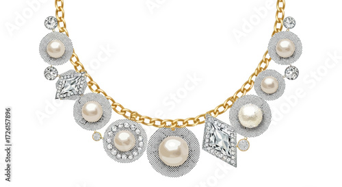 Gold Chain Necklace with Pearls and Diamonds