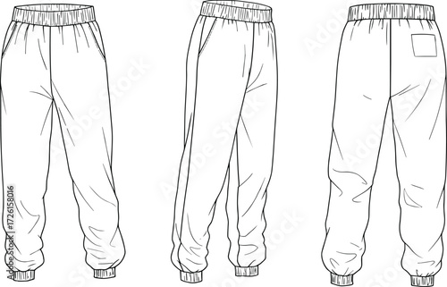 Women's comfortable elastic waist jogger pants technical flat sketch vector illustration drawing design pattern with adjustable drawstring, side slant pockets, a