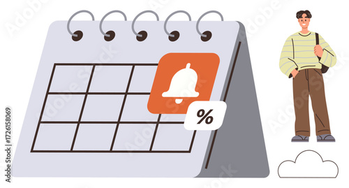 Calendar with alert bell, percentage tag, man with bag, cloud, suggesting planning, scheduling, reminders, productivity organization deadlines achieving goals. Ideal for time management personal