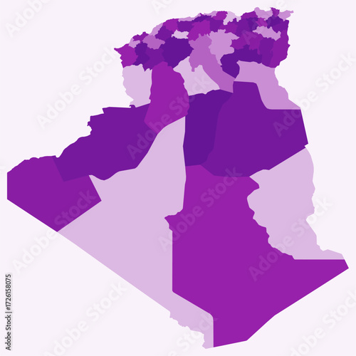Map of Algeria with regions. Just a simple country border map with region division. Purple color palette. Blank People's Democratic Republic of Algeria shape with administrative division.