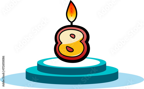 A golden number eight shaped birthday candle with a lit flame, featuring a dripping wax effect at the bottom, presented in a hand-drawn comic style
