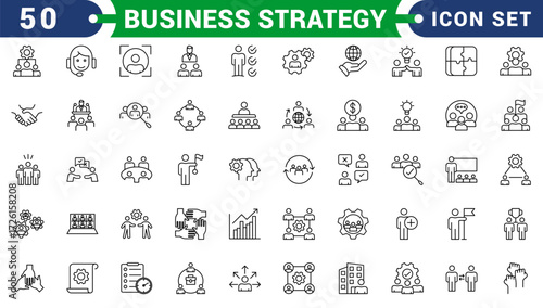 Business strategy set of web icons in line style. A collection of linear icon representing key business concepts, including market analysis, strategy, leadership, innovation, planning. Editable stroke