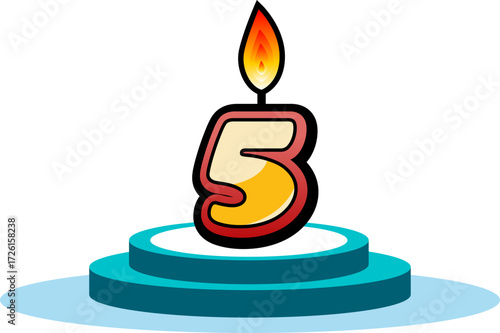 A golden number five shaped birthday candle with a lit flame, featuring a dripping wax effect at the bottom, presented in a hand-drawn comic style