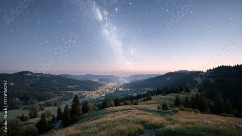 Scenic Starry Night Sky Over Lush Green Forest Cinematic Landscape in HDR Nature