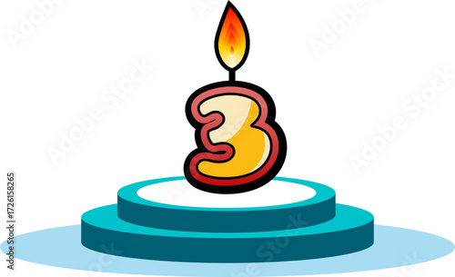 A golden number three shaped birthday candle with a lit flame, featuring a dripping wax effect at the bottom, presented in a hand-drawn comic style