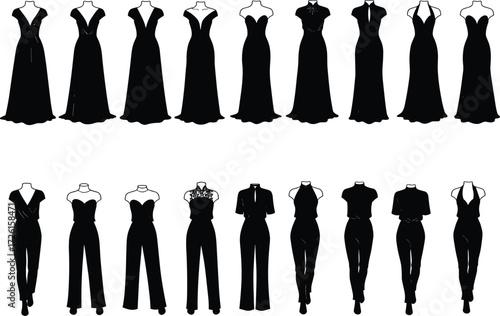 Mega set of stylish formal evening gowns and jumpsuits technical flat sketch vector illustration bundle with various necklines, sleeve details, and 
