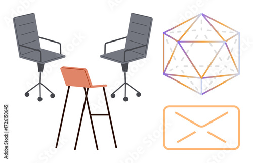 Office chairs with wheels, a high barstool, abstract geometric shape, and mail envelope. Ideal for themes thumbs up collaboration, workspace, design, communication, minimalism modernity