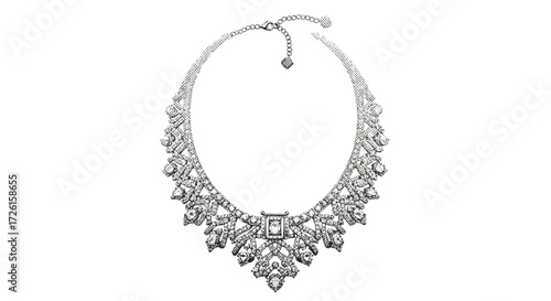 Elegant Diamond Necklace with Intricate Design and Central Emerald Cut Gem
