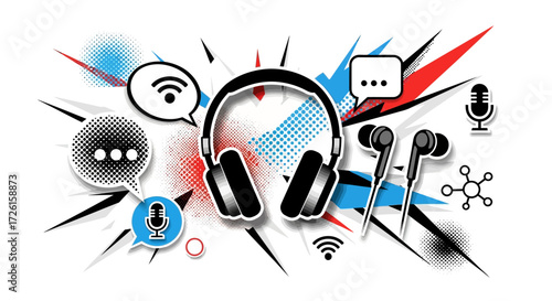 Vector Illustration of Headphones, Earbuds, and Speech Bubbles