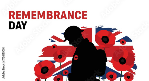 Remembrance Day Silhouette of Soldier with Poppies and Union Jack