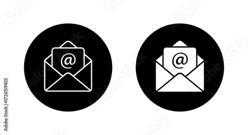 Email envelope icon set in black circle. Open mail message with mention symbol
