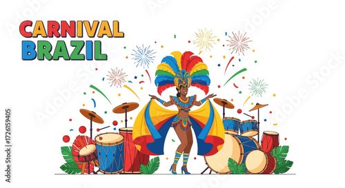 Brazilian Carnival Dancer in Colorful Costume and Drums
