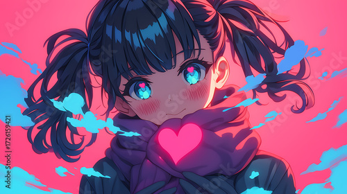 Close up of smiling woman in cold weather jacket and scarf uniform, anime style