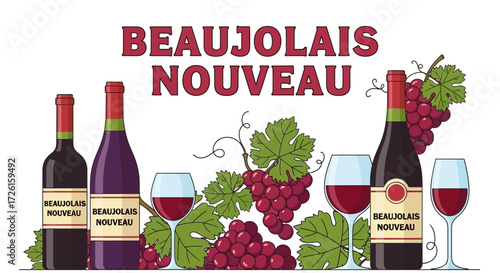 Beaujolais Nouveau Wine Bottles, Grapes, and Glasses Illustration