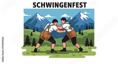Two Wrestlers Competing in Traditional Swiss Schwingen, Mountain Backdrop