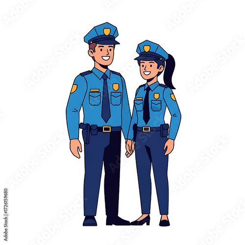 Smiling Male and Female Police Officers in Uniform Vector Illustration