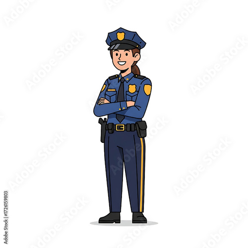 Female Police Officer Cartoon Illustration Standing with Arms Crossed