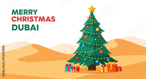 Decorated Christmas Tree with Gifts in Dubai Desert