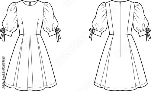 Women's stylish midi dress technical flat sketch vector illustration drawing design pattern with sleeveless cut, high round neck, fitted bodice, elastic 