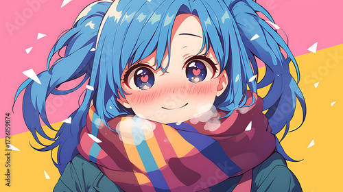 Close up of smiling woman in cold weather jacket and scarf uniform, anime style