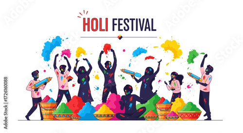 Holi Festival: Colorful Celebration with People Throwing Powder and Water
