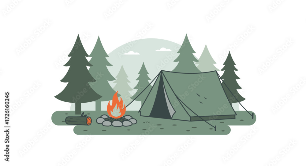 Obraz premium Campfire and Tent in the Forest A Peaceful Camping Scene Illustration