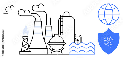Industrial facilities with towers, pipelines, steam, water waves, shield with fingerprint, and globe. Ideal for energy, industry, environment sustainability security technology global impact