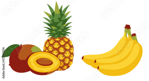Fresh, vibrant tropical fruit arrangement featuring mango, pineapple, and bananas; healthy eating concept
