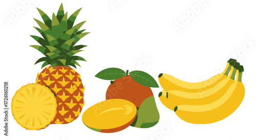 Colorful set of fresh tropical fruits with pineapple, mango, and banana. Vector graphic art illustration isolated for food and nutrition concepts