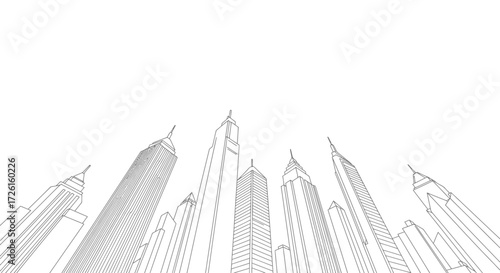 Minimalist vector blueprint drawing capturing the essence of a towering urban cityscape, showcasing modern high-rise architecture with sleek lines and dynamic perspective