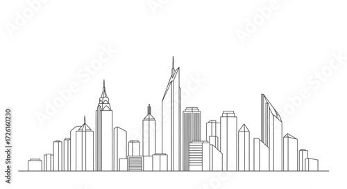 Modern urban cityscape line art illustration featuring a minimalist architectural design and towering skyscrapers