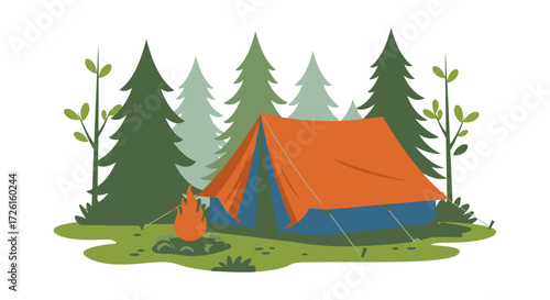 Vector illustration of a campsite with a tent and campfire in a pine forest. Outdoor adventure and summer vacation concept isolated on white background
