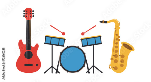 Vibrant collection of classic musical instruments featuring a striking red electric guitar, a dynamic blue drum set, and a golden saxophone, ideal for music-themed projects and designs