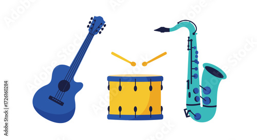 Vibrant Flat Design Illustration of Acoustic Guitar, Drum, and Saxophone, Representing Music and Performance