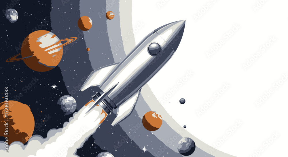 Naklejka premium Retro-futuristic rocket soaring through an imagined universe, surrounded by celestial bodies, depicting the thrilling journey of space exploration and cosmic discovery