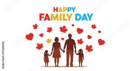Happy Family Day Illustration with Silhouetted Family and Maple Leaves