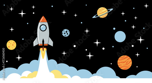 Vibrant illustration of a retro rocket ship blasting off into a star-studded, colorful galaxy with planets and celestial bodies, perfect for space exploration and adventure themes