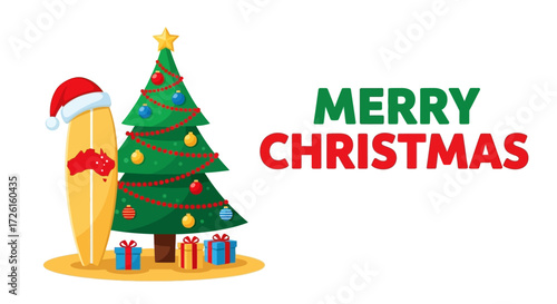 Australian Christmas: Surfboard with Santa Hat and Christmas Tree
