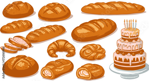 Assorted Breads and Cake Illustration Freshly Baked Goodness for Culinary Projects