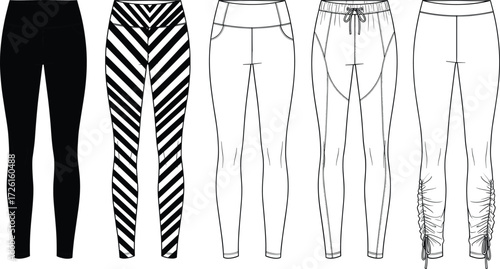Set of women's activewear leggings yoga pants flat technical sketches vector illustration drawing design pattern bundle with waistband pockets ruching detail 