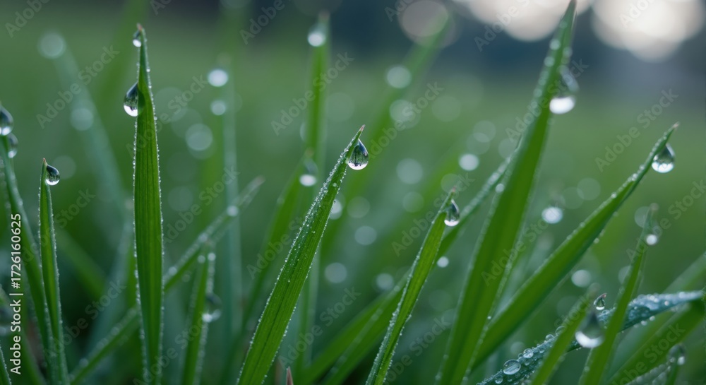 Obraz premium Macro close-up of fresh green grass with morning dew drops. Water droplets on vibrant plant blades in a field. Nature background with selective focus