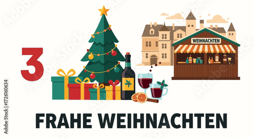 Christmas Market Scene with Christmas Tree and Gifts